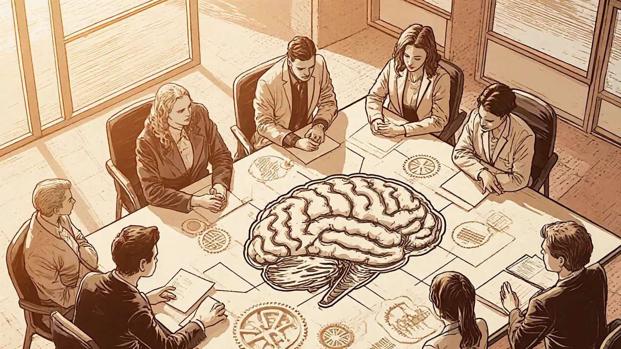 Multidisciplinární tým spolupracuje kolem mapy mozku a propojených ozubených kol, symbolizujících integrovanou terapii.