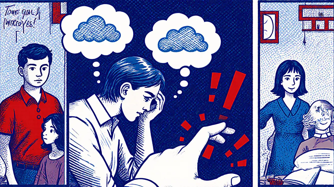 Terapeut vede CBT sezení, zatímco jsou zobrazeny myšlenkové bubliny deprese a úzkosti a přítomni rodina i učitel.