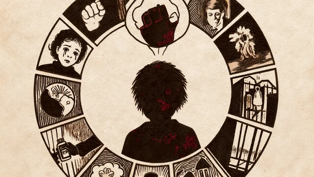 Deset panelů kolem dítěte ukazuje různé typy traumatických zkušeností.