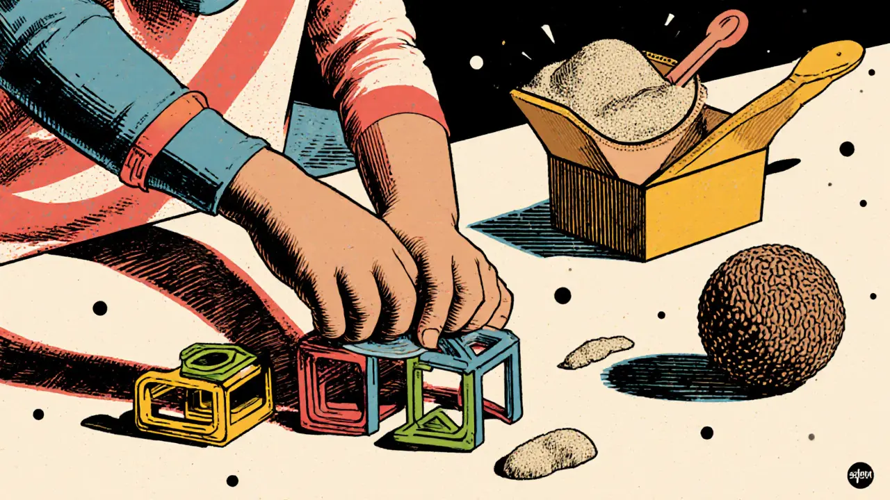 Dítě staví Magformers a modeluje kinetický písek, rozvíjí motoriku.