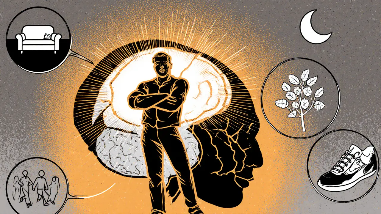 Dospělý na stylizovaném mozku, obklopený symboly terapie a zdravého životního stylu.