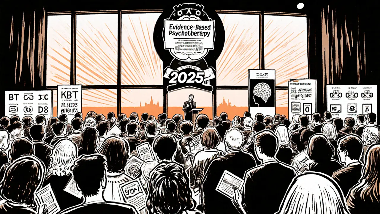 Konferenční hala v Praze, kde terapeuti dostávají akreditaci a diskutují o budoucnosti psychoterapie.