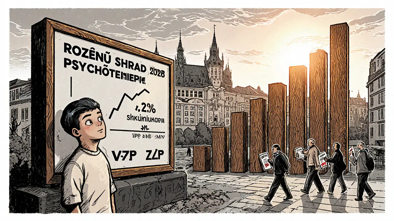 Pražská parlamentní budova, billboard s novým zákonem o úhradě psychoterapie, graf růstu a lidé s letáky.