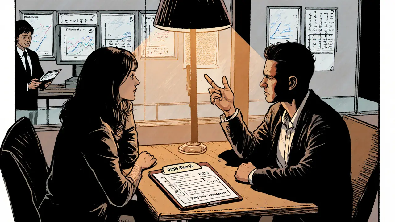 Terapeut a klient u stolu s dotazníky BDI a HADS, za nimi výzkumná laboratoř s grafy.