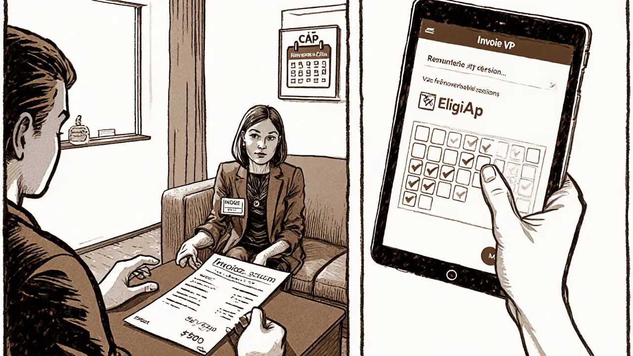 Terapeut a klient v kanceláři, na stole faktura a tablet s pojištěním, kalendář s odškrtnutými sezeními.