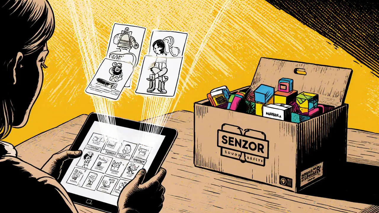 Terapeut používá AR tablet a otevírá personalizovaný senzorický balíček.