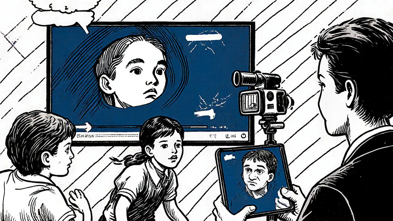 Děti předvádějí scénku, zatímco terapeut ukazuje video se zpětnou vazbou.