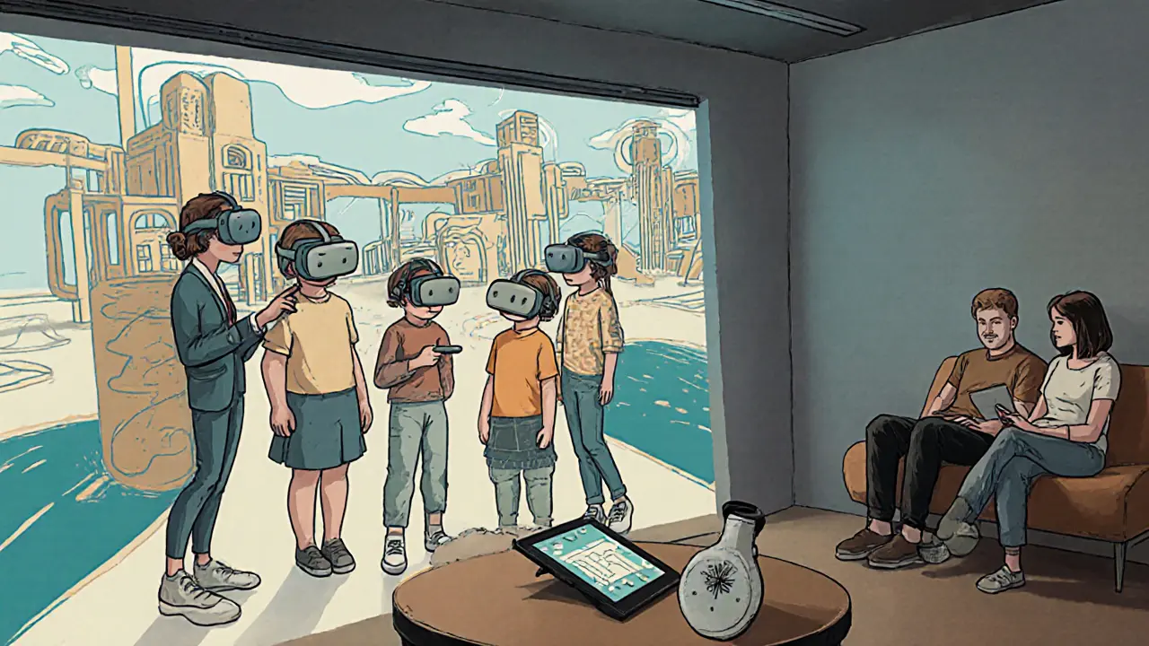 Děti včetně VR brýlí v hybridní skupinové terapii, rodiče sledují na tabletu.