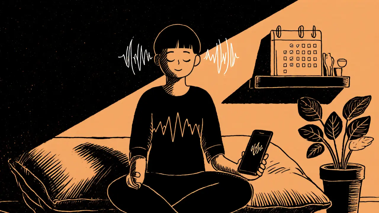 Domácí mindfulness koutek, osoba provádí krátkou meditaci, klidná atmosféra.