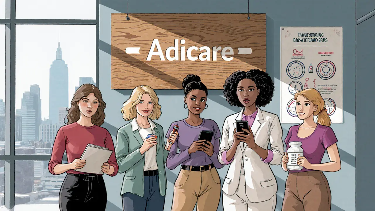 Skupina žen v moderní klinice s nástroji pro zvládání ADHD, vyzařuje optimismus.