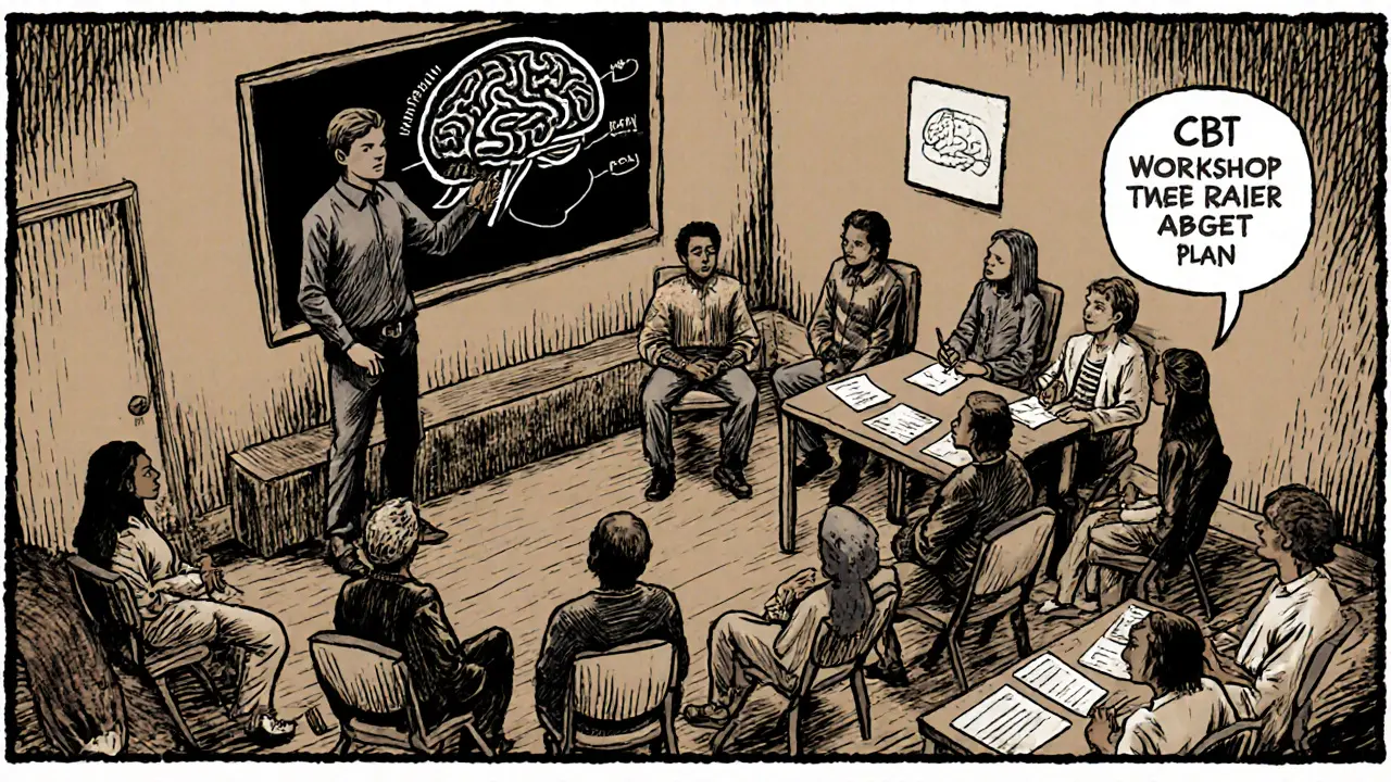 Skupinová terapie MBCT: lidé v kruhu, medituje, pracuje na CBT úkolech, zobrazený mozek.