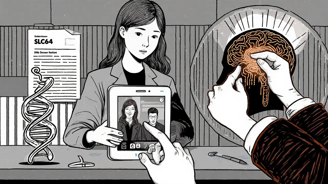 Pacient u telepsychologie, DNA test a DBS implantace v dřevořezbovém stylu.