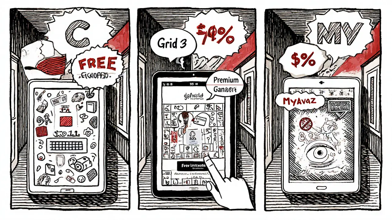 Porovnání Cboard, Grid 3 a MyAvaz v třech panelech s cenovými značkami.