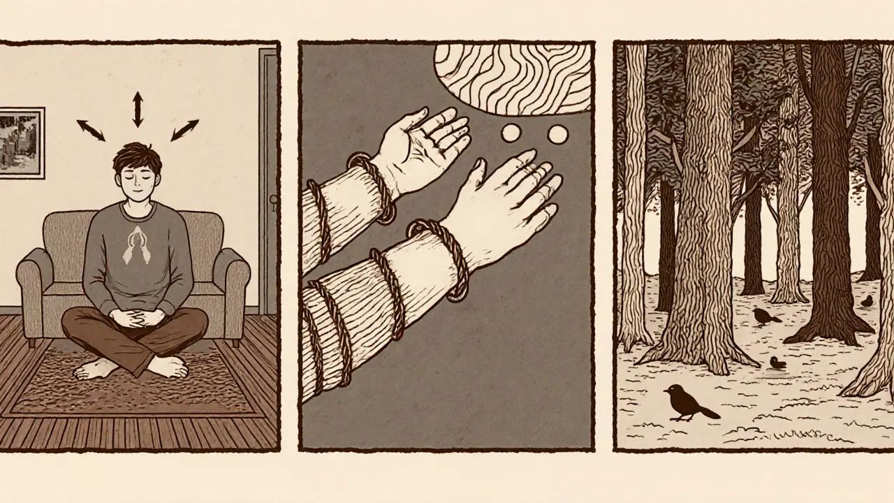 Postupně zobrazené KBT techniky: dýchání, uvolnění svalů a vizualizace bezpečného lesa.