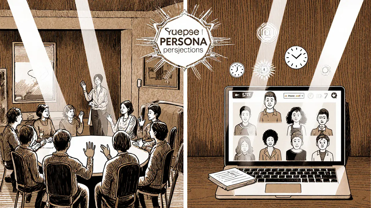 Rozdělený obraz porovnává skupinovou sezení a online setkání, s peer workerem a futuristickým symbolem.