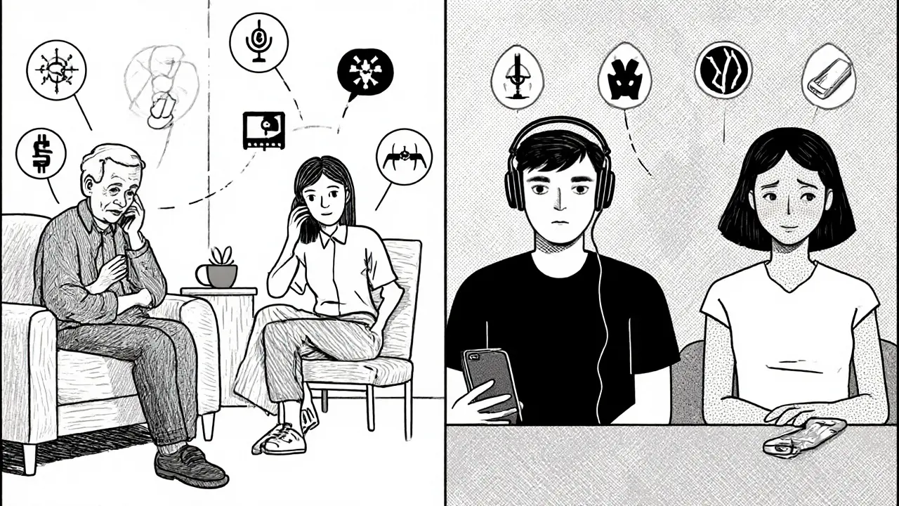 Rozdělený obrázek benefitů a omezení mobilní terapie u různých uživatelů.