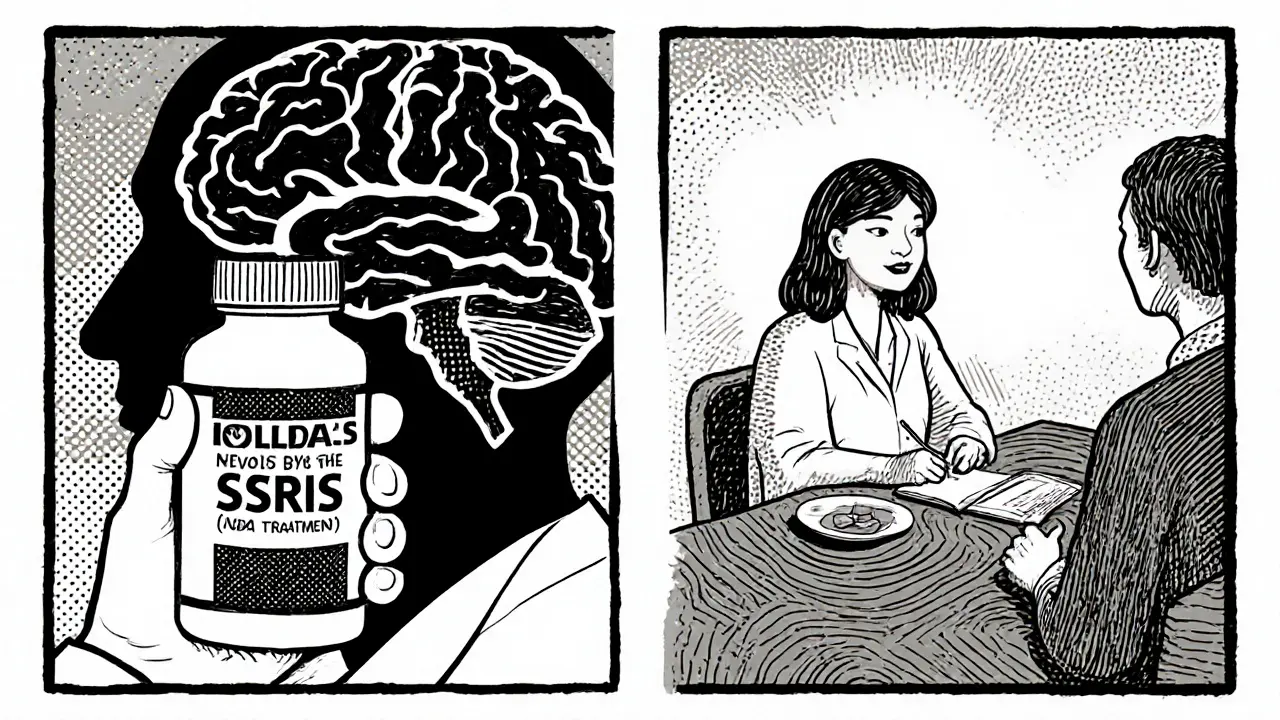 Rozdělený panel ukazuje lékaře s SSRI a terapeutku provádějící ERP cvičení.