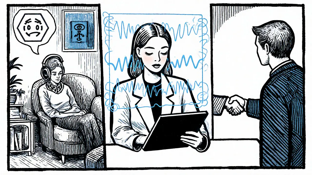 Scéna hybridní terapie s AI analýzou emocí během telefonního a osobního sezení.