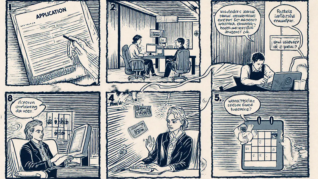 Sekvence panelů ukazuje žádost u úřadu, hodnocení, úpravu pracoviště a asistenta pomáhající u počítače.