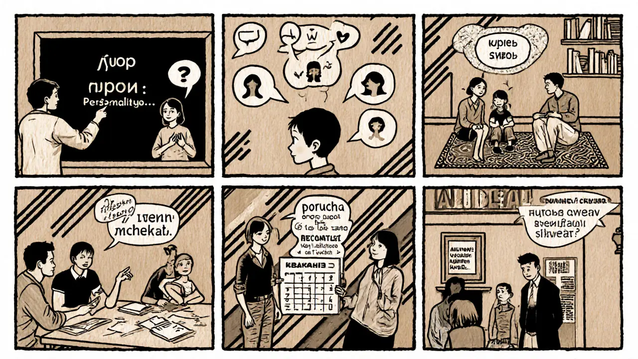 Sekvence šesti panelů ukazuje kroky psychoedukace: úvod, naslouchání, dítě, odborníci, domácí úkoly, revize.