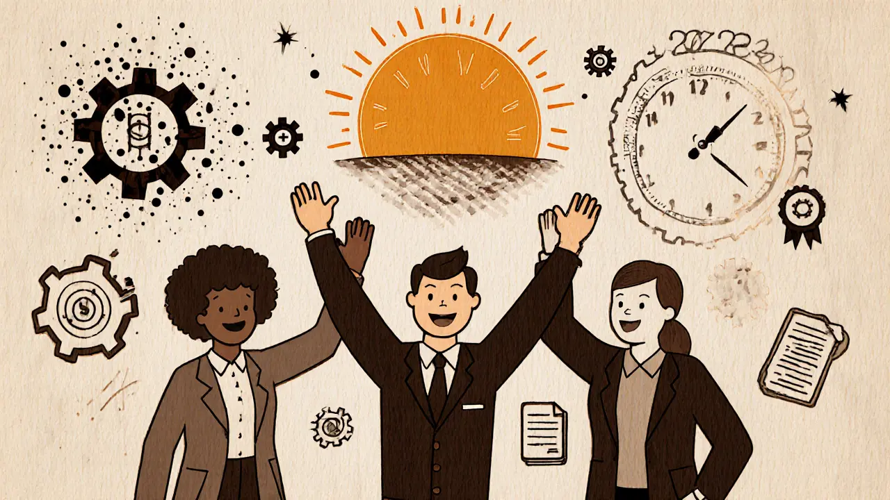 Skupina zaměstnanců včetně osoby s autismem slaví úspěšné zaměstnání, v pozadí grafické symboly růstu.