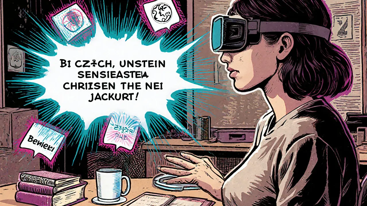 Teenager s eye‑tracking brýlemi používá AR symboly a AI klíčová slova.