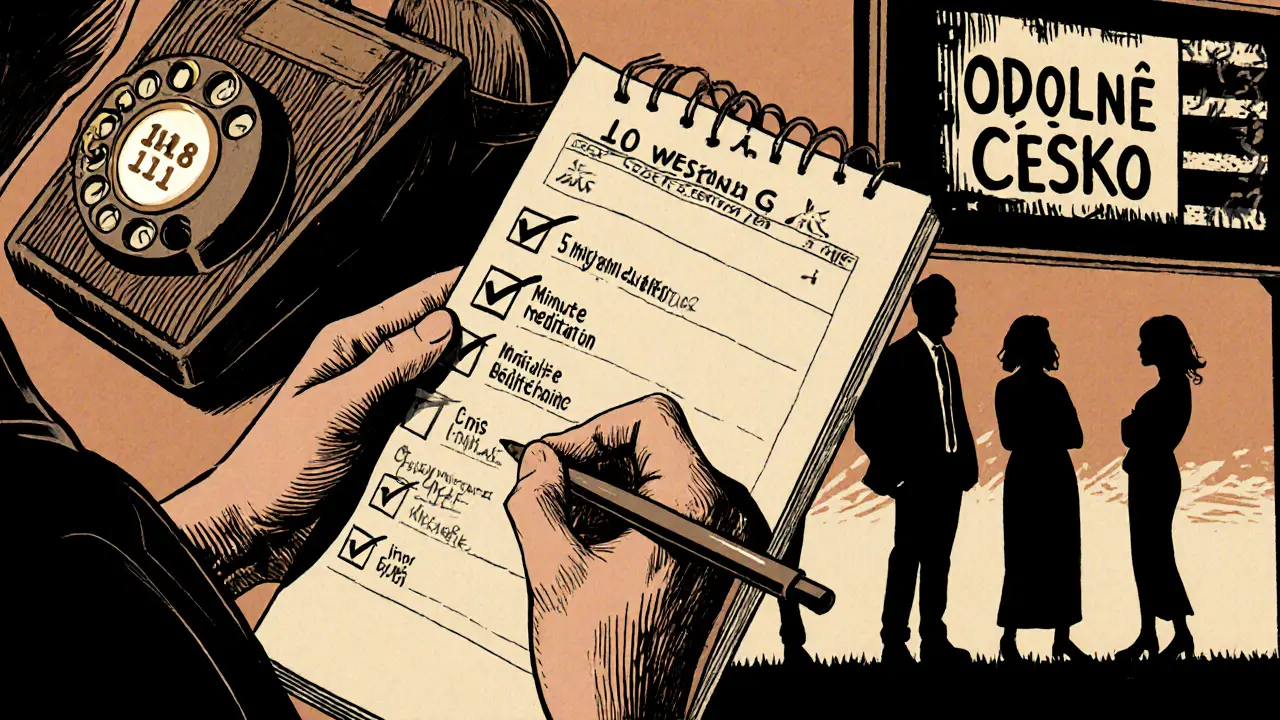 Osoba píše krizový plán, odškrtává úkoly, telefon s číslem linky 116 111 a skupina peer podpory.