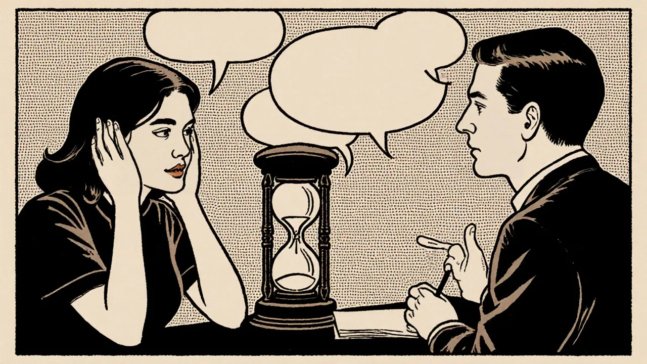 Pár cvičí načasované mluvení pod dohledem neutrálního terapeuta.