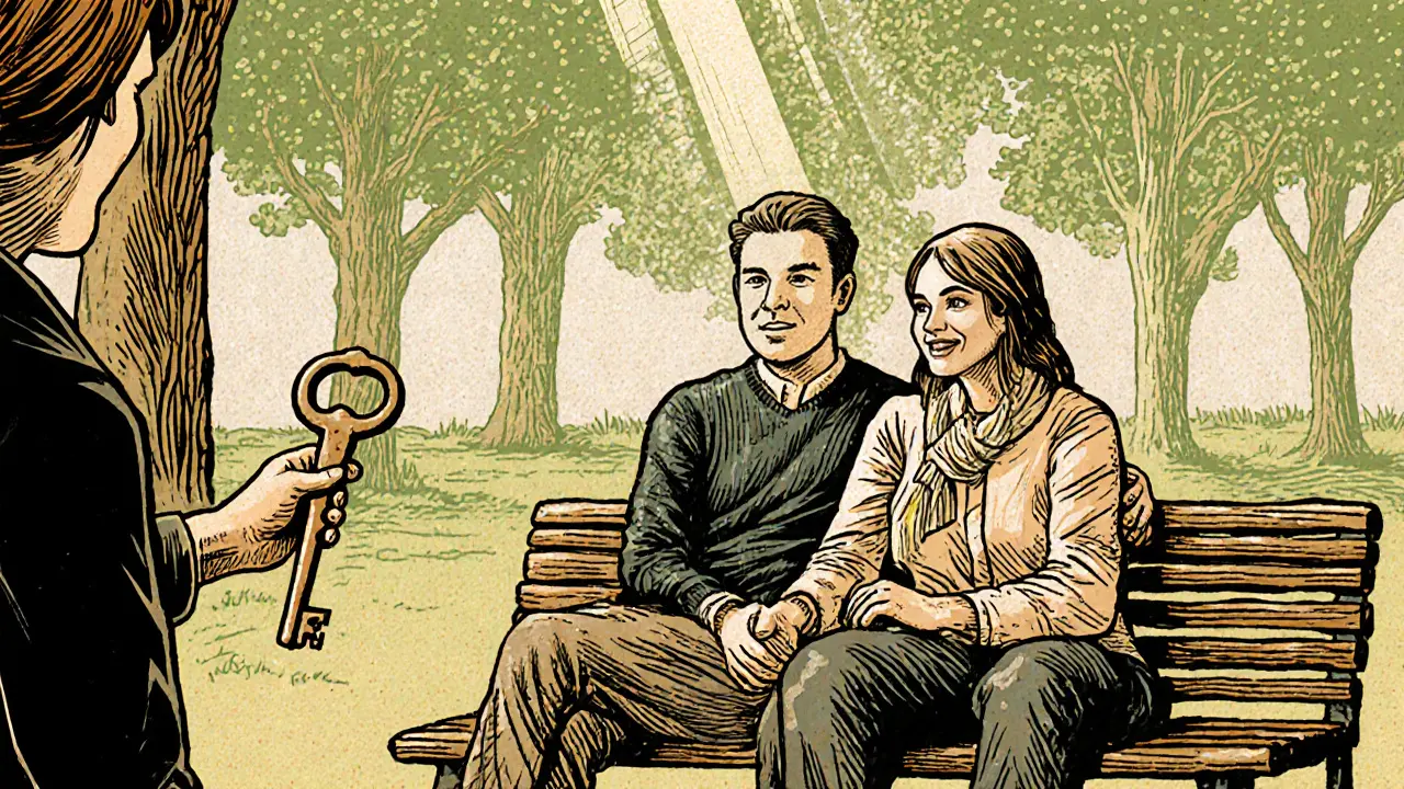 Pár po terapii drží se za ruce v parku, symbolizuje obnovené spojení.