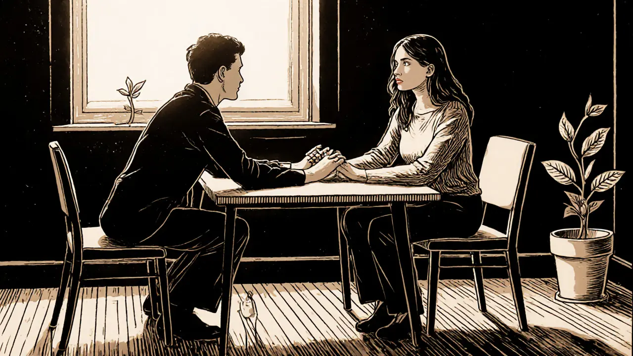 Pár v terapeutické místnosti, drží se za ruce, kolem je světlo a rostoucí rostlina.