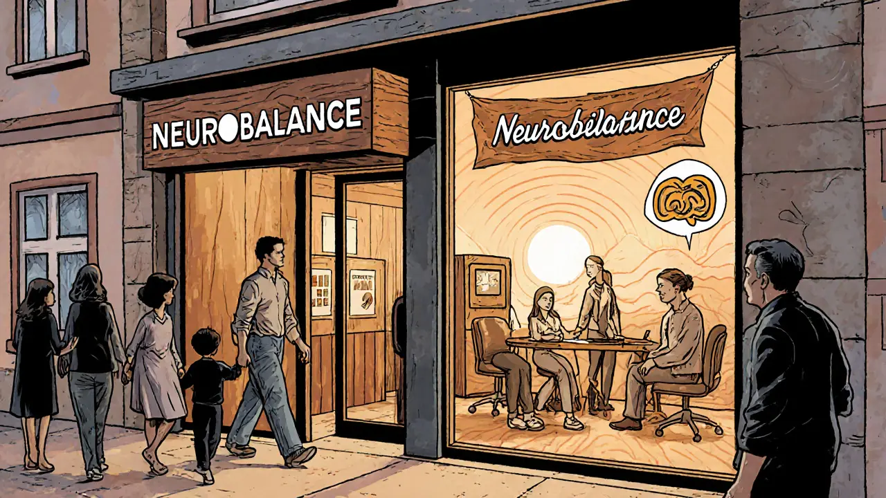 Rodina a terapeut v moderní klinice, neurofeedback zařízení a nadějná atmosféra, v dřevorytu.