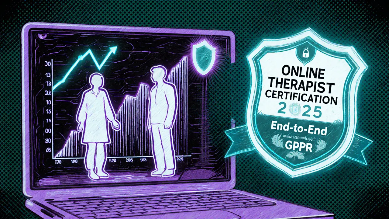 Terapeut a klient v digitálním prostoru, symbolizující budoucnost a bezpečnost online terapie.