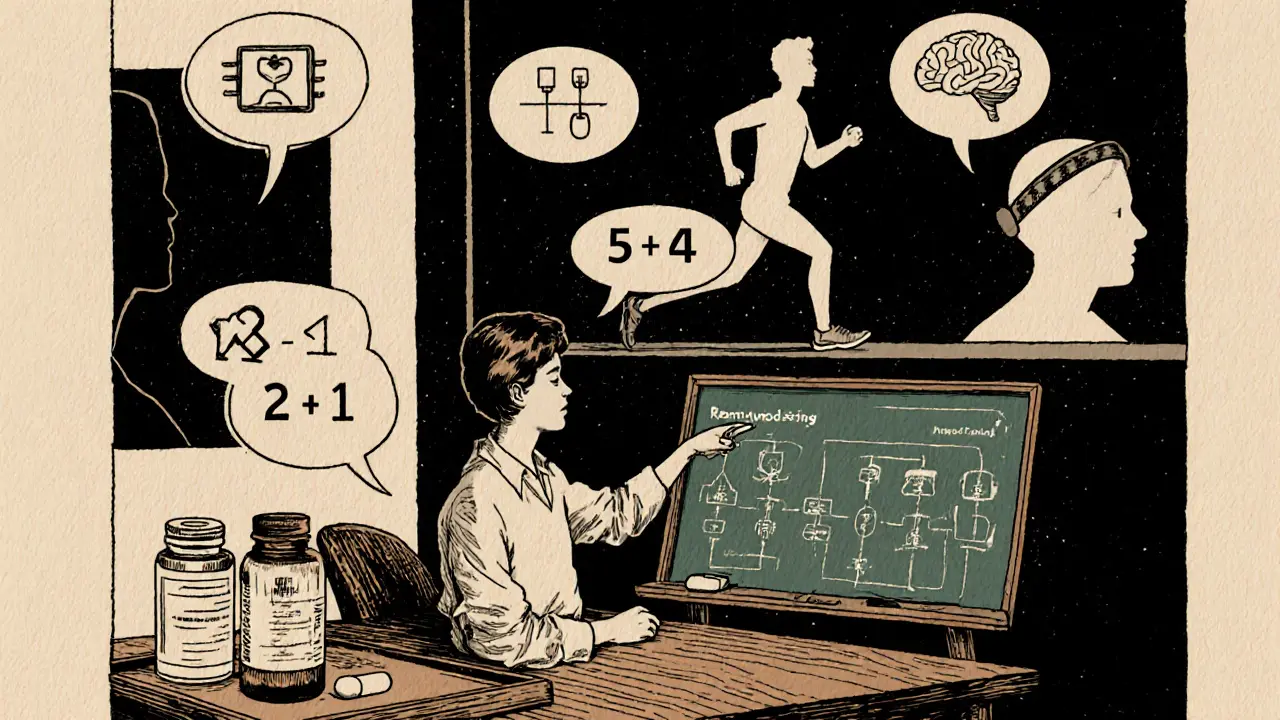 Terapeut a pacient u stolu, vedle léků, digitální připomínky a cvičební pomůcky, ve dřevorytu.