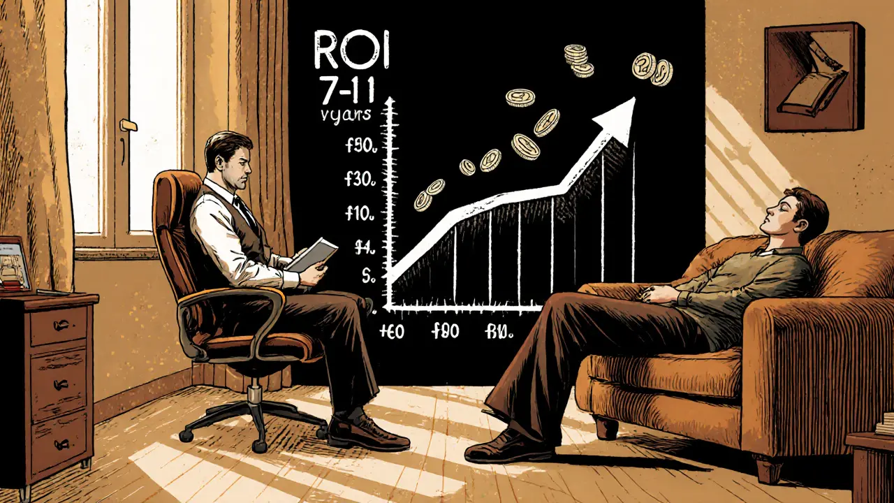 Terapeut v kanceláři s klientem, za nimi rostoucí graf ukazující návratnost investice.