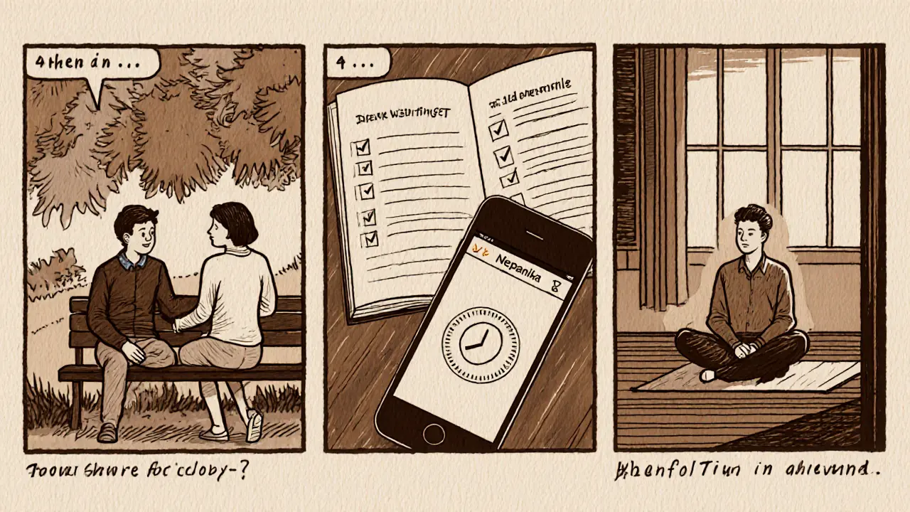 Tři části: rozhovor s přítelem, seznam úkolů s aplikací pro dechová cvičení, a mindfulness na podložce.