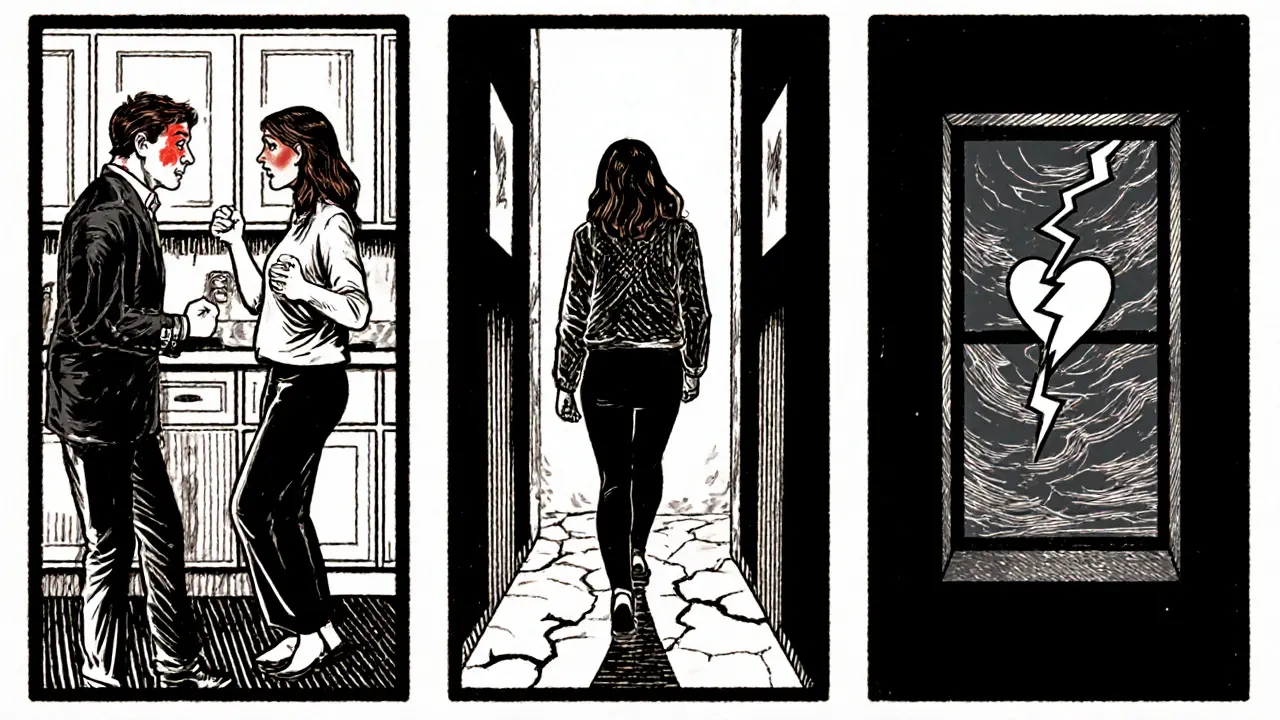 Tři panely zobrazují hádku páru, odvrácení a bouřlivé pozadí s rozbitým srdcem.