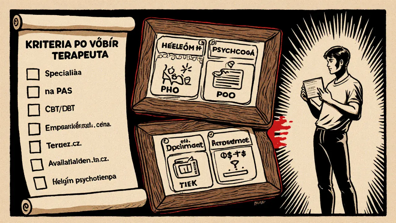 Klient si zapisuje kritéria, porovnává platformy a spokojeně volí terapeuta specializovaného na PAS.
