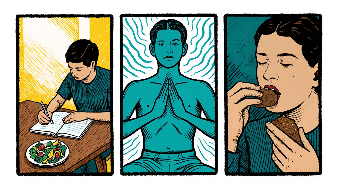 Postava zapisuje hladové signály a provádí dechové cvičení při jídle.