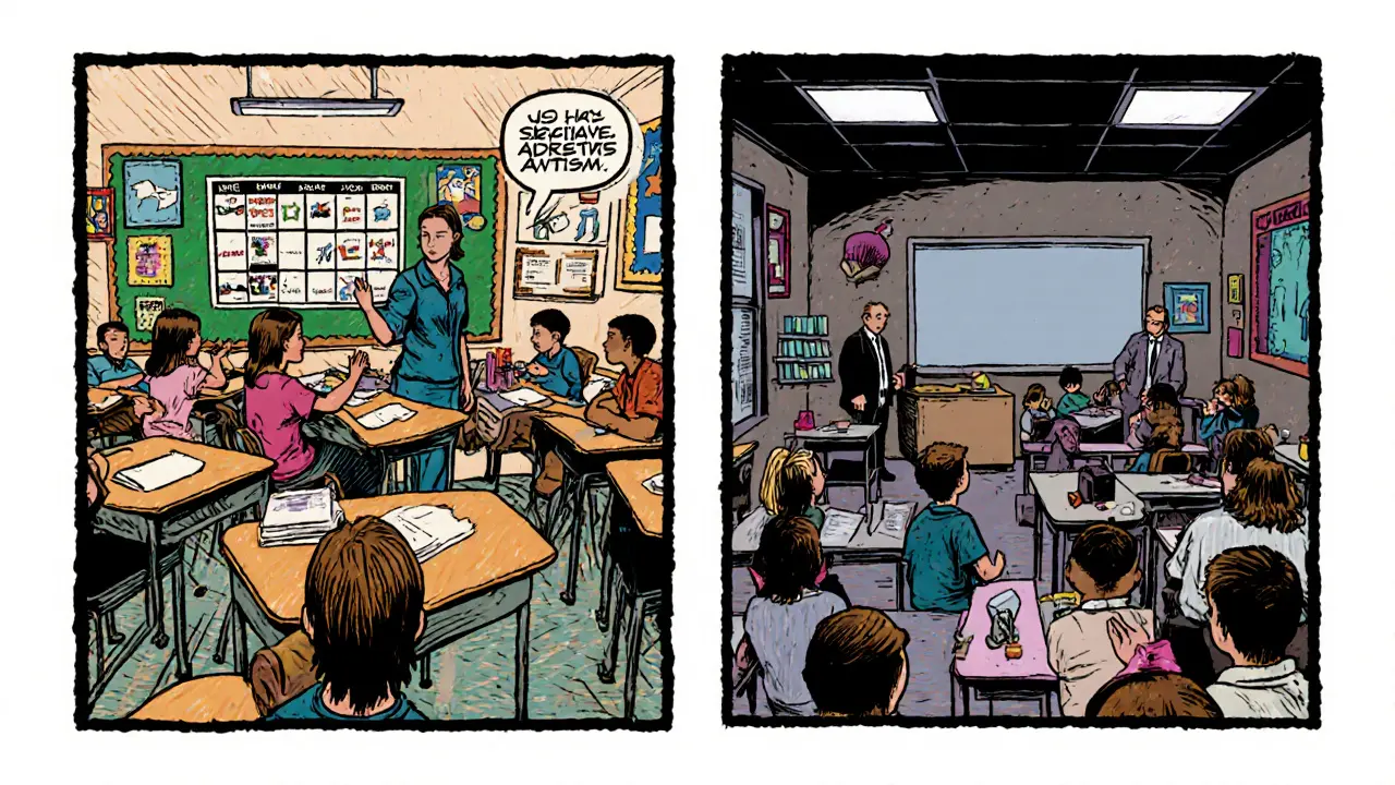 Rozdělený obrázek ukazuje rozdíly mezi inkluzí a speciální výukou.