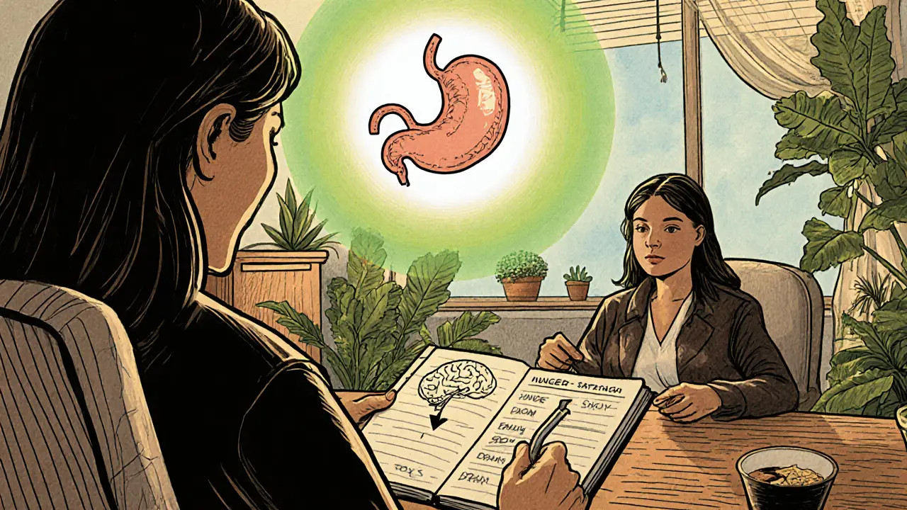 Terapeut a klient diskutují o interocepci, ukazují pokrok a pocit sytosti.