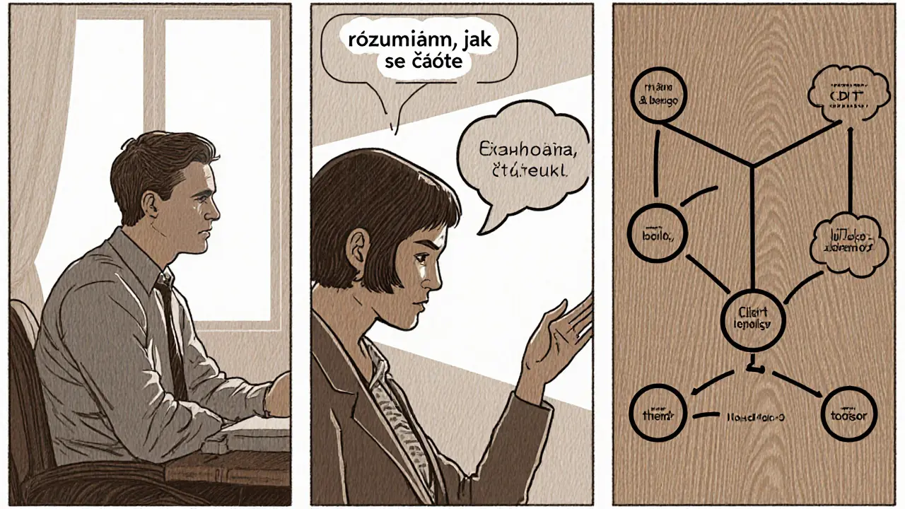 Terapeut během první konzultace naslouchá klientovi, validuje jeho pocity a ukazuje CBT techniky.