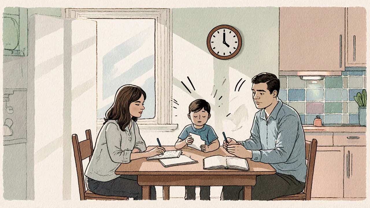 Rodina doma cvičí techniku pauzy, klid, woodcut komiks.