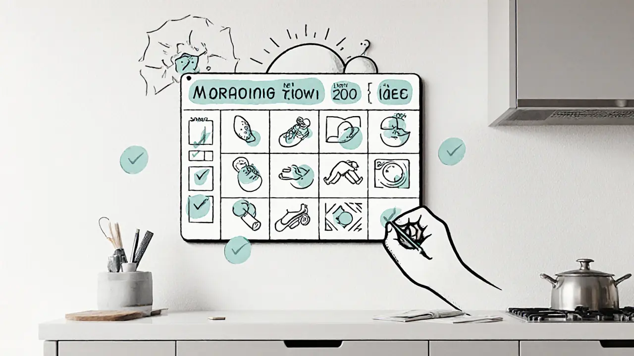 Rozvrh dne s bloky práce, přestávkami, cvičením a odškrtnutými úkoly.