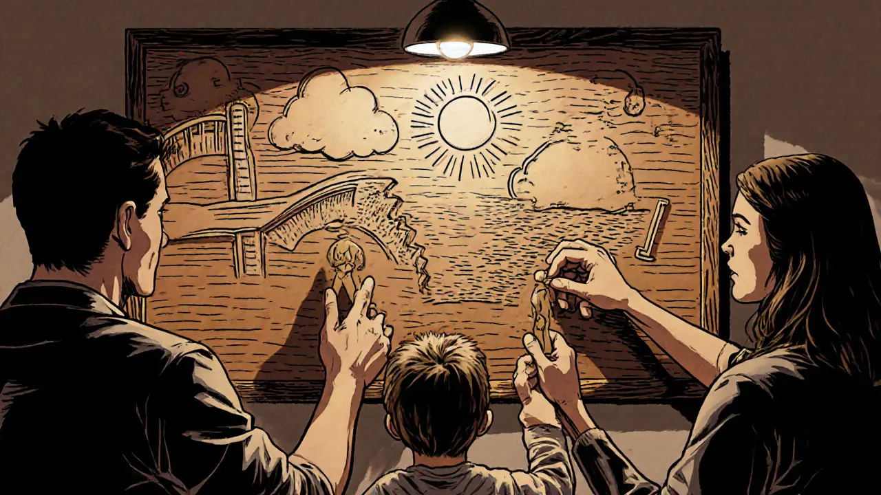 Terapeut a rodina tvoří společný příběh, kresby a symboly, woodcut komiks.