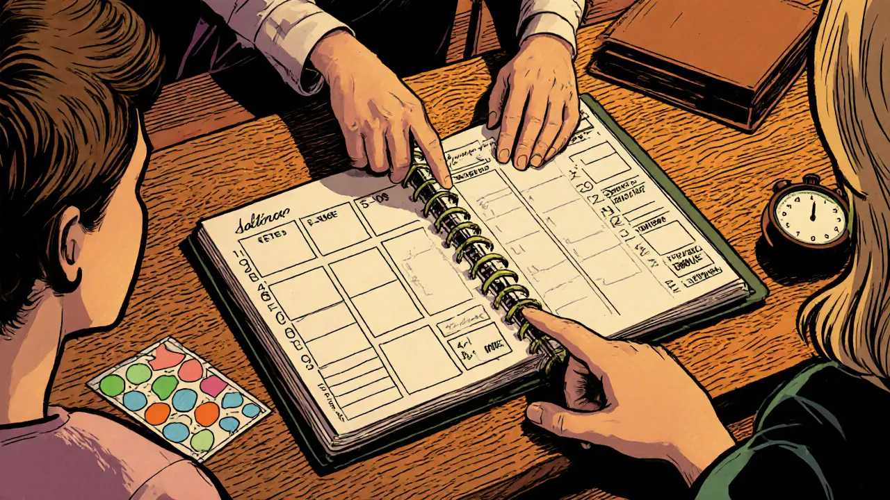 Terapeut ukazuje klientovi plánovač, rozdělené úkoly a Pomodoro časovač.