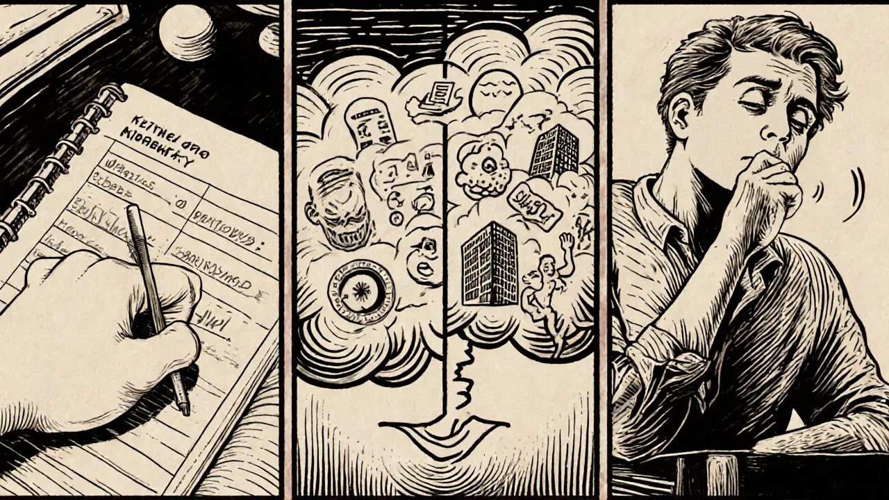 Koláž zobrazující deník, přeskupování myšlenek, relaxaci svalů, dýchání a expozici v komiksovém stylu.