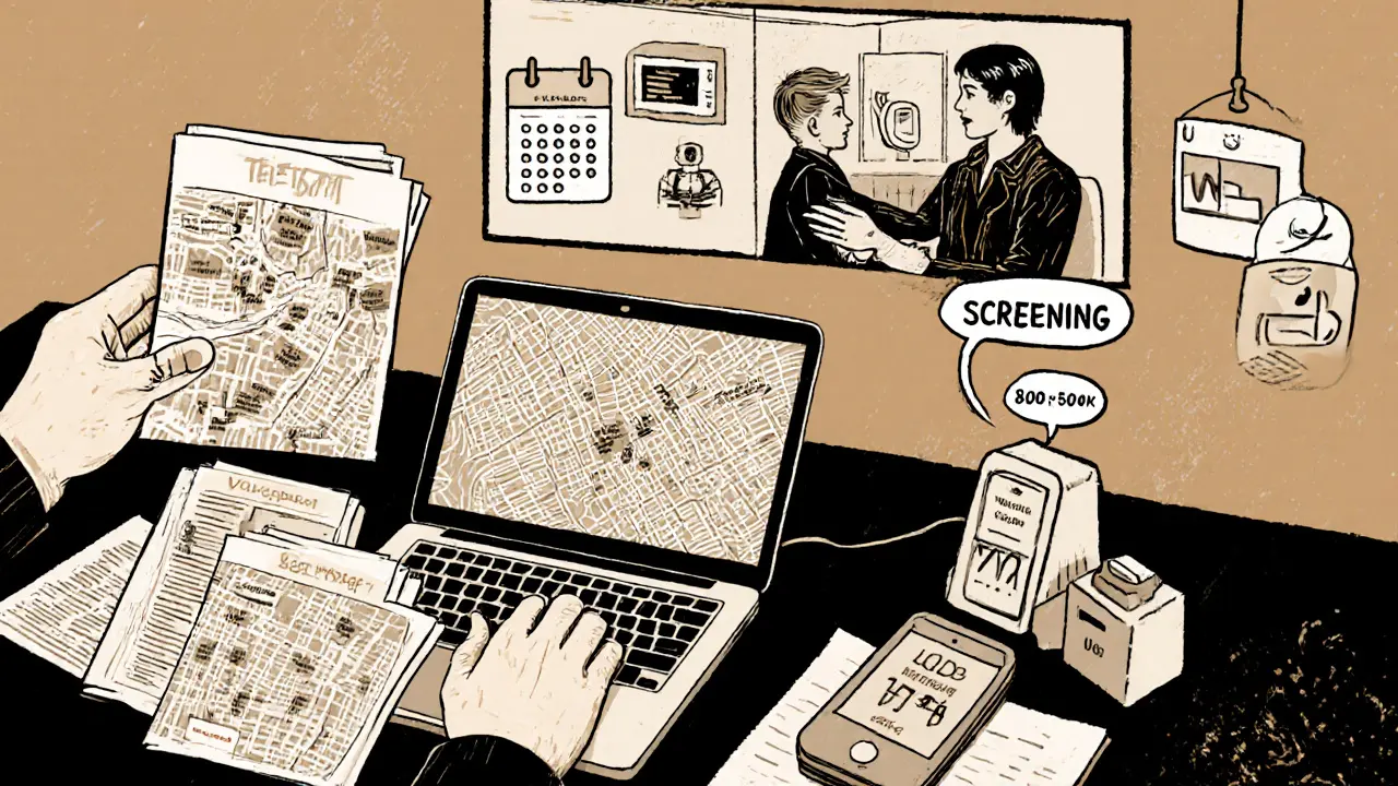 Osoba zkoumá materiály, telefonuje, a setkává se s terapeutem, s ikonami kalendáře a cen.