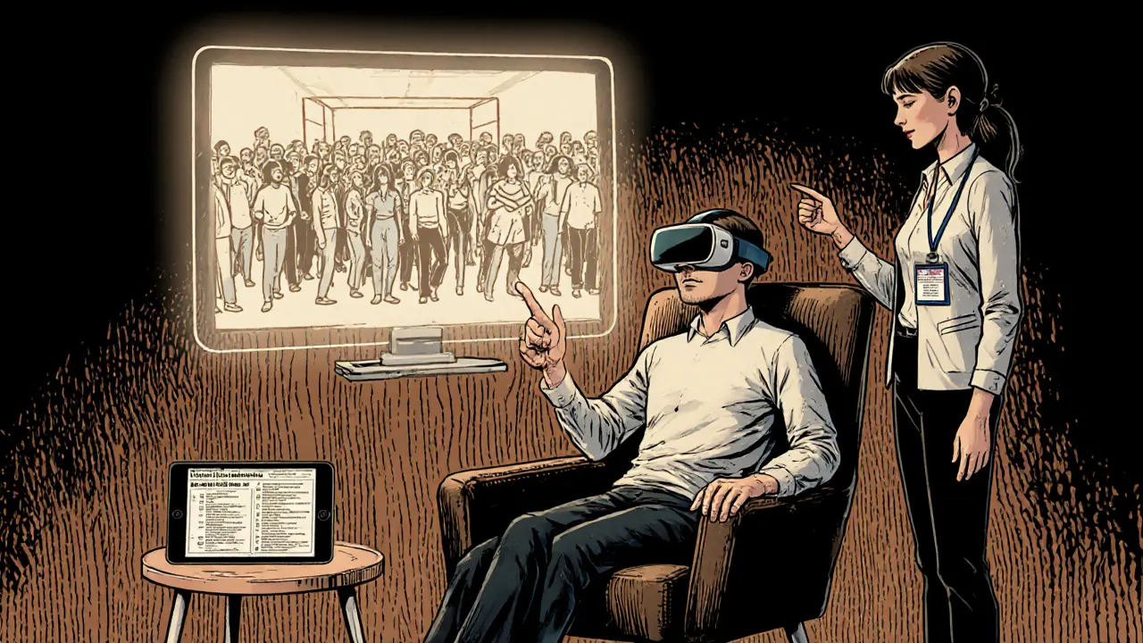 Pacient s VR headsetem a aplikací, terapeut vede digitální terapii, vše v dřevorytu.