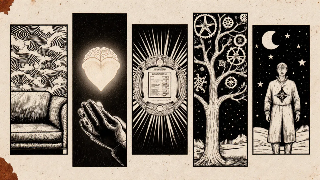 Pět panelů znázorňujících různé směřování terapie: psychoanalýza, humanistická, KBT, systémová, existenciální.