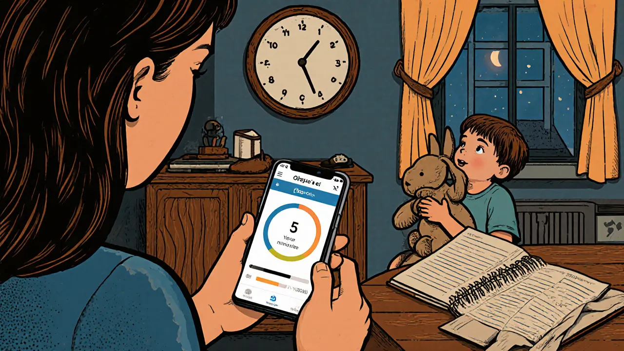 Rodič používá aplikaci Odpoj se, zatímco dítě drží plyšovou králíka.